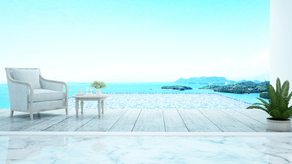 Fototapeta na wymiar Living area on pool deck and swimming pool with panorama sea view - Pool terrace and swimming pool sea view and island view in hotel or resort - Artwork for summer time - 3D Rendering