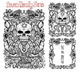 Greed. Latin word Avaritia means Avarice. Seven deadly sins concept, black and white vector set with frame. Hand drawn engraved illustration, tattoo and t-shirt design, religious symbol
