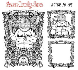 Gluttony. Latin word Gula means Overweight or Obesity. Seven deadly sins concept, black and white vector set with frame. Hand drawn engraved illustration, tattoo and t-shirt design, religious symbol