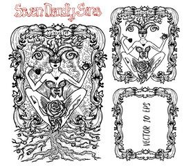 Lust. Latin word Luxuria means Passion, sexual desire. Seven deadly sins concept, black and white vector set with frame. Hand drawn engraved illustration, tattoo and t-shirt design, religious symbol