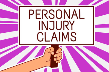 Handwriting text writing Personal Injury Claims. Concept meaning being hurt or injured inside work environment Man hand holding poster important protest message purple rays background.