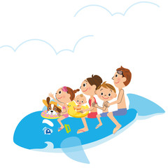 Obraz na płótnie Canvas イルカの浮き輪に乗る家族