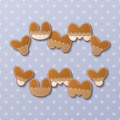Yummy yummy inscription made of gingerbread cookies with icing on polka dot background. Vector Illustration