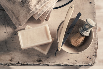 Antique shave tools. Sharp razor, soap and brush