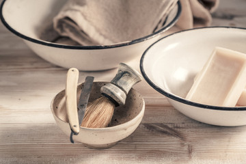Unique tools for shave with brush, razor, soap