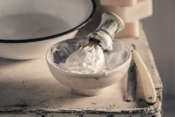 Unique barber equipment with brush, razor, soap