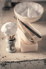 Unique shaving set. Sharp razor, soap and brush