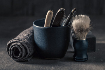 Unique tools for shave. Sharp razor, soap and brush