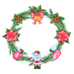 New Year wreath with a Christmas tree branch, holly, bells, poinsettia, Santa Claus, celebration sock, glove. Watercolor illustration isolated on white background.