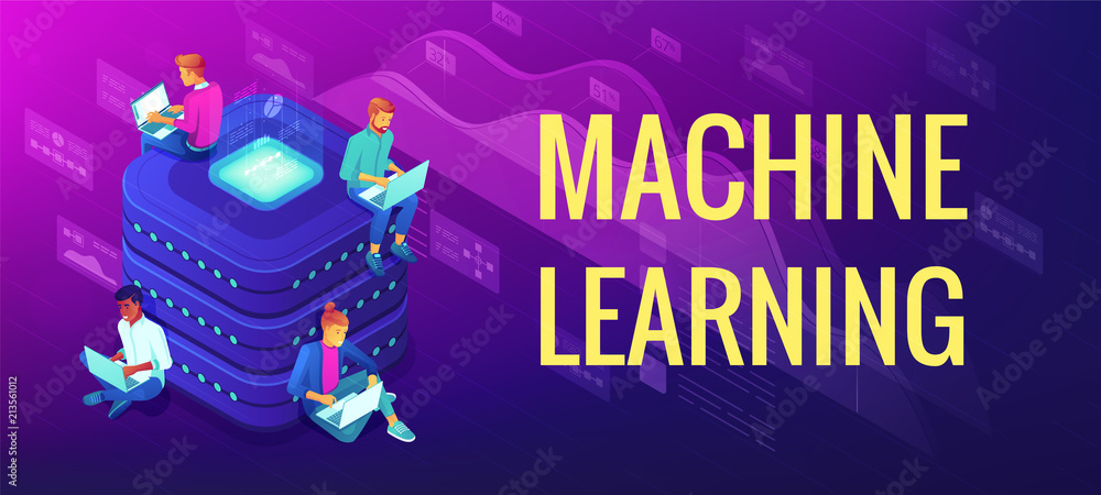 Poster isometric machine learning concept. computer science, statistical techniques and data analysis. engi