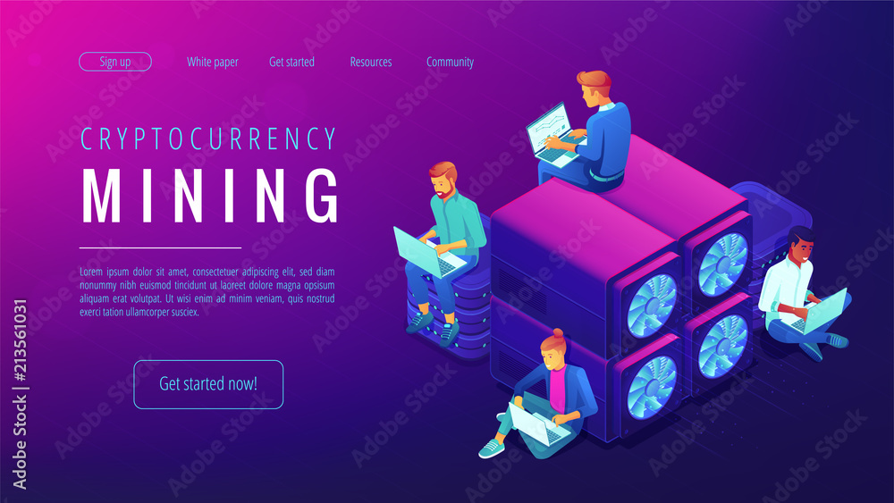 Poster cryptocyrrency mining landing page. people with laptops working near the mining farm. blockchain glo
