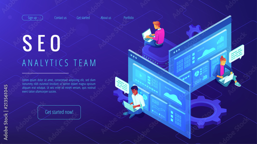 Poster seo analytics team landing page. it specialists with laptops working around analytic web pages with 