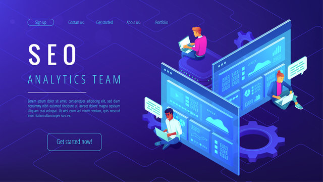 SEO analytics team landing page. IT specialists with laptops working around analytic web pages with charts. Search engine optimization analysis concept on ultraviolet background Vector 3d illustration