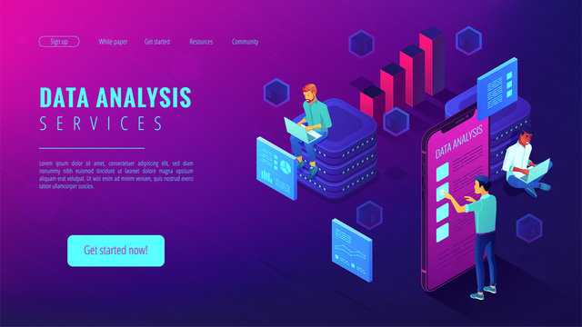 Data analysis services landing page. Isometric IT team working on different analytics services around charts and graphics. Big data analysis concept . Vector 3d illustration on ultraviolet background.
