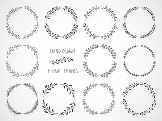 Vector set of floral hand drawn round frames.