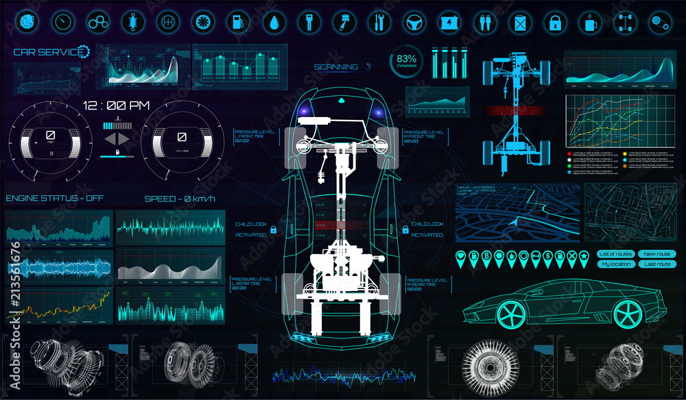 Poster Futuristic user interface. Car service in the style of HUD. Virtual graphical interface Ui HUD Autoscanning, analysis and diagnostics, Abstract vector science. Car auto service infographics.repair
