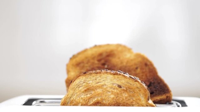 Roasted toast bread popping up from white modern toaster machine