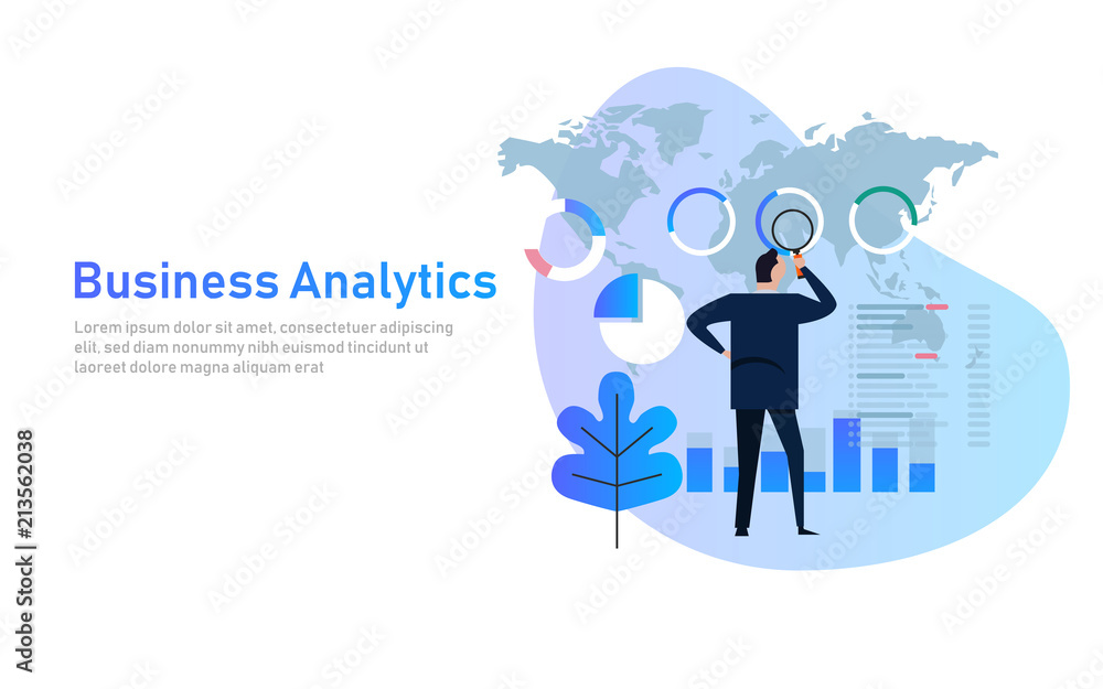 Poster business analytics analysis graph financial business chart flat vector illustration. global world ma
