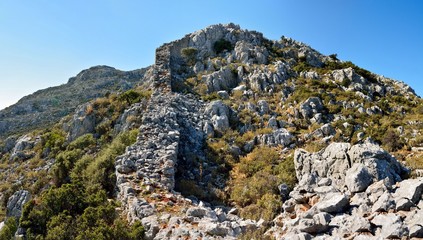 Ruins of fortified castle in the hills above Sogut village near