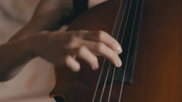 A female cellist plucks the strings of a cello while playing in a string quartet