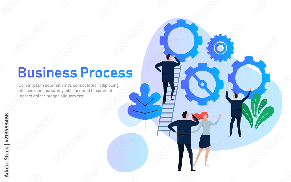 Poster business process. flat design concept for team building. hands with gears. cooperation working toget