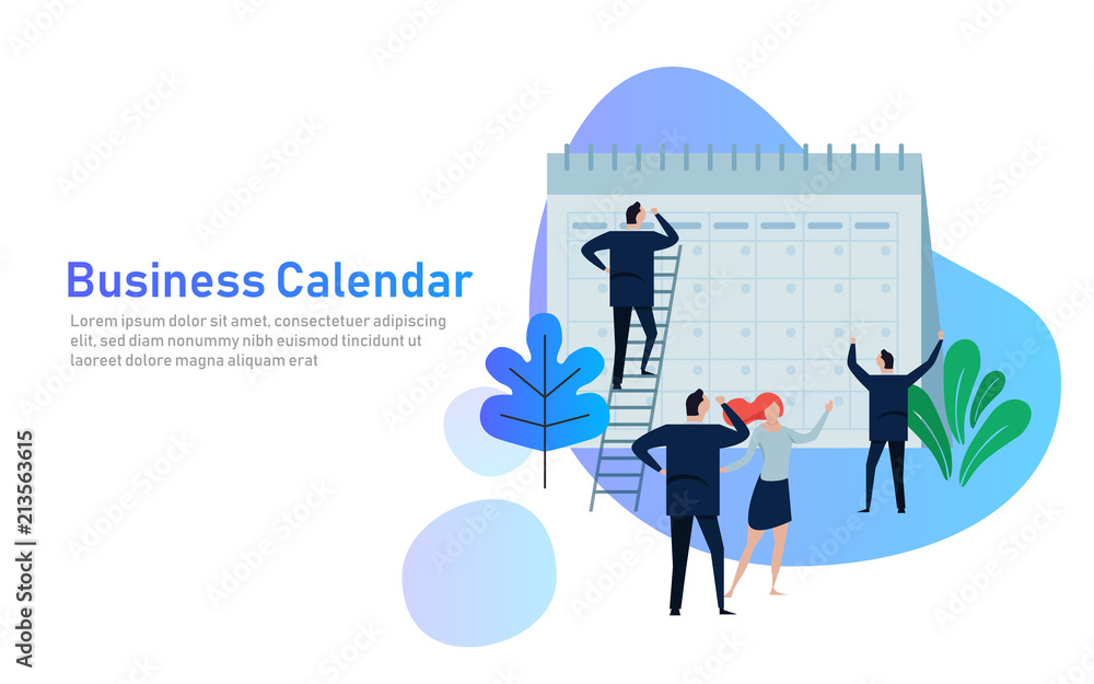 Poster flat business people planning and scheduling operation calendar. business operations planning and sc