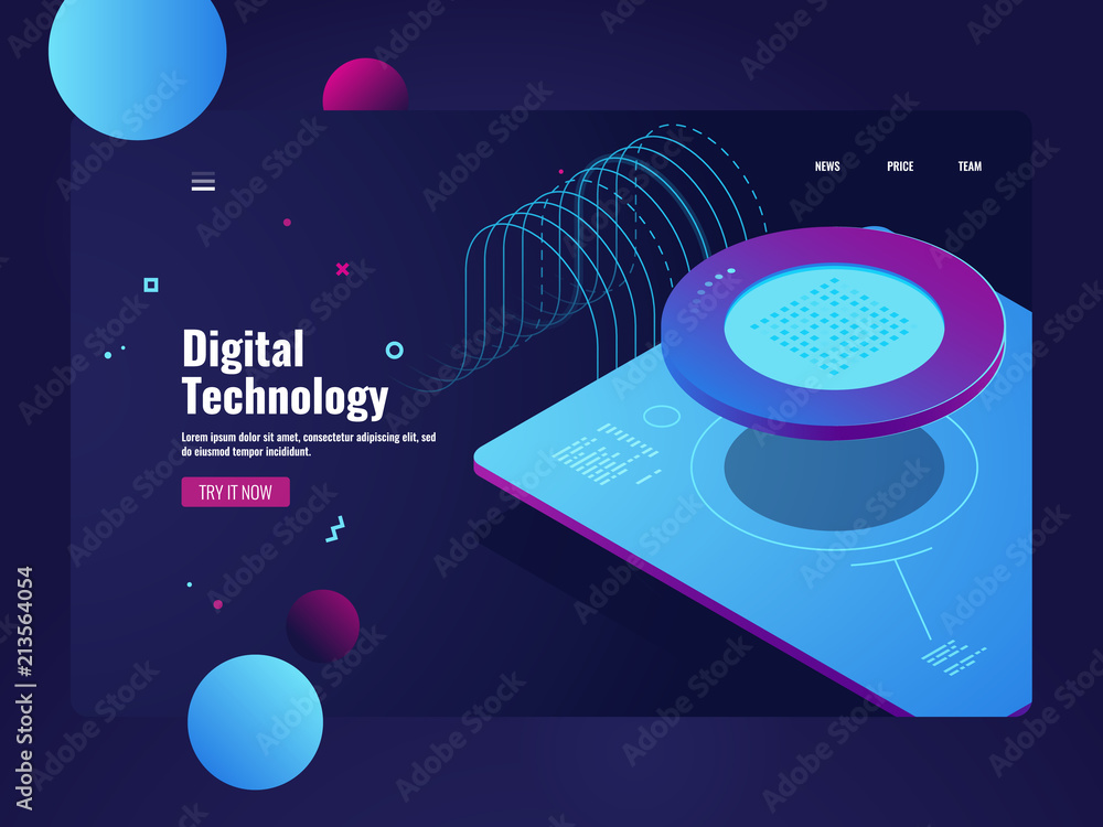 Poster incoming big data flow, digital information processing, server room, datacenter and database icons, 