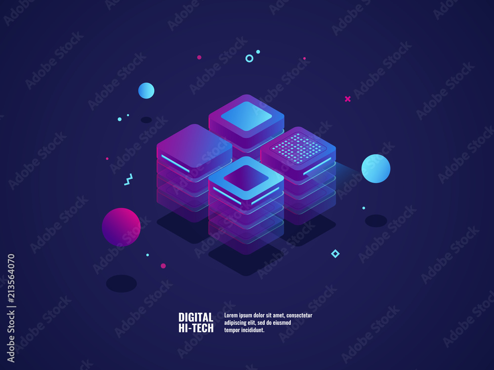 Poster digital business concept, server room, datacenter and database icon, technology object, web hosting 