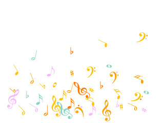 Music Notes Confetti Falling Chaos Vector. Music Symbols Texture Poster Background Elements. Party Night, Festival, Celebration or Concert, Melody Notes Trail. Decorative Song Sheets Chaos Effect.