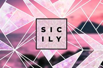 Abstract geometric Sicily background with salt texture and space for typography. Shoreline on sunset with beautiful pink, purple and blue gradients. 