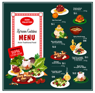 Korean asian food desserts and menu courses