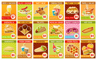 Fast food price tags with international dishes