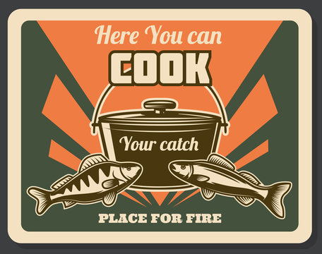 Retro fishing poster place for cook catch vector