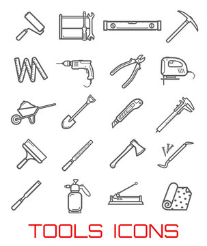 Tools for repairing and building, line art icons
