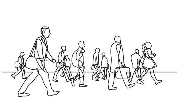 Continuous Line Drawing Of Urban Commuters Walking On City Street