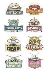 Fishery gear fishing club retro icons rod and fish