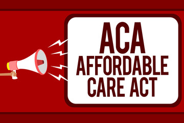 Word writing text Aca Affordable Care Act. Business concept for providing cheap treatment to patient several places Man holding megaphone loudspeaker speech bubble message speaking loud.
