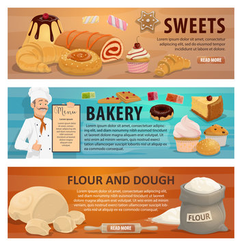 Sweets and bakery, dough from flour vector banners