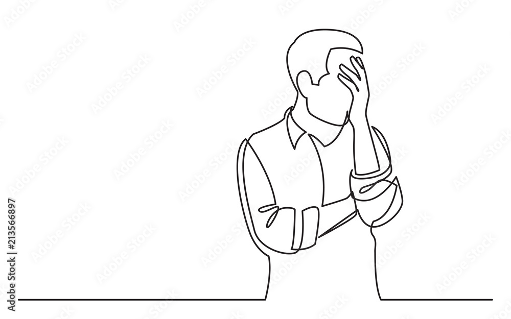 Poster continuous line drawing of upset man in trouble