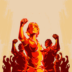 Crowd protest fist revolution poster design. Women leader in front of a crowd. Propaganda Background Style. - obrazy, fototapety, plakaty