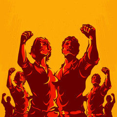 Crowd protest fist revolution poster design. Propaganda Background Style.