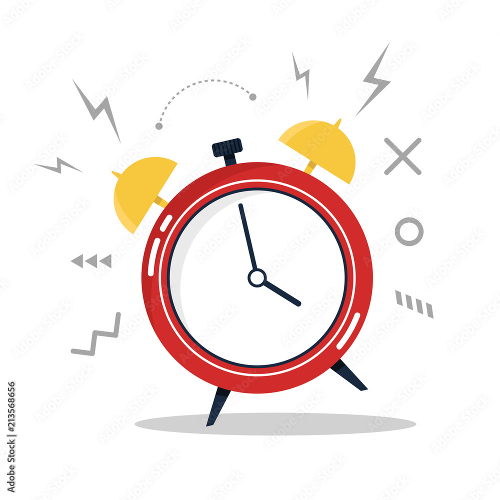 Poster alarm clock red wake up concept time isolated on white background in flat design. vector illustratio