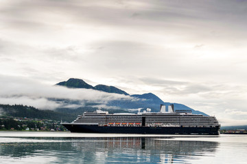 Cruise ship at port in Juneau, Alaska on a cloudy summer day