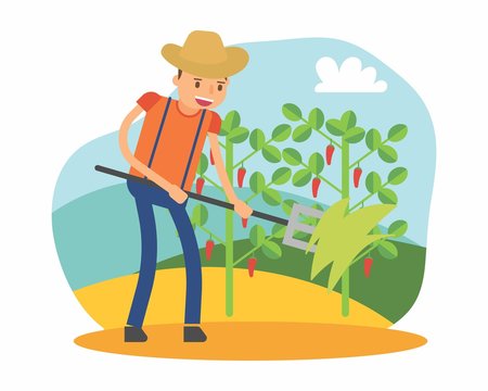 cute farmer farming harvest farms planting agriculture agriculturist tiller chili redpeper cartoon character