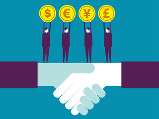 Shaking. Business team holding coin currency sign. Vector illustration business concept, growth, cartoon character.