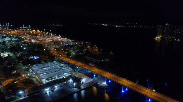 Drone flying over Port Miami night footage