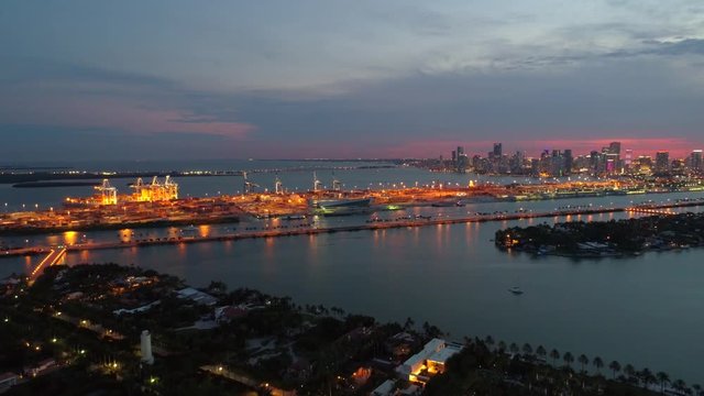 Epic aerial establishing footage Port Miami sunset twilight