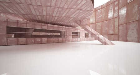 Empty smooth abstract room interior of sheets rusted metal with gray concrete. Architectural background. 3D illustration and rendering