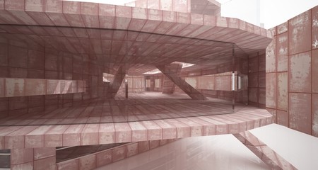 Empty smooth abstract room interior of sheets rusted metal with gray concrete. Architectural background. 3D illustration and rendering