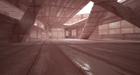 Empty smooth abstract room interior of sheets rusted metal with gray concrete. Architectural background. 3D illustration and rendering
